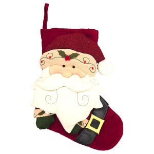 Santa Claus Christmas Stocking With Plush Details 16" Red & White Holiday Decor